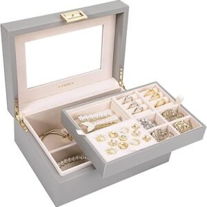 Chic Grey Jewelry Organizer Box with Mirror - LANDICI