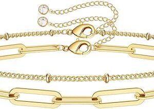 Dainty 14K Gold Adjustable Layered Bracelets for Women